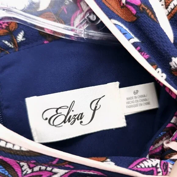 NWT ELIZA J Dress Navy Pink Paisley Floral Blouson Fit Flare Neck Tie Size 6P - Picture 9 of 10